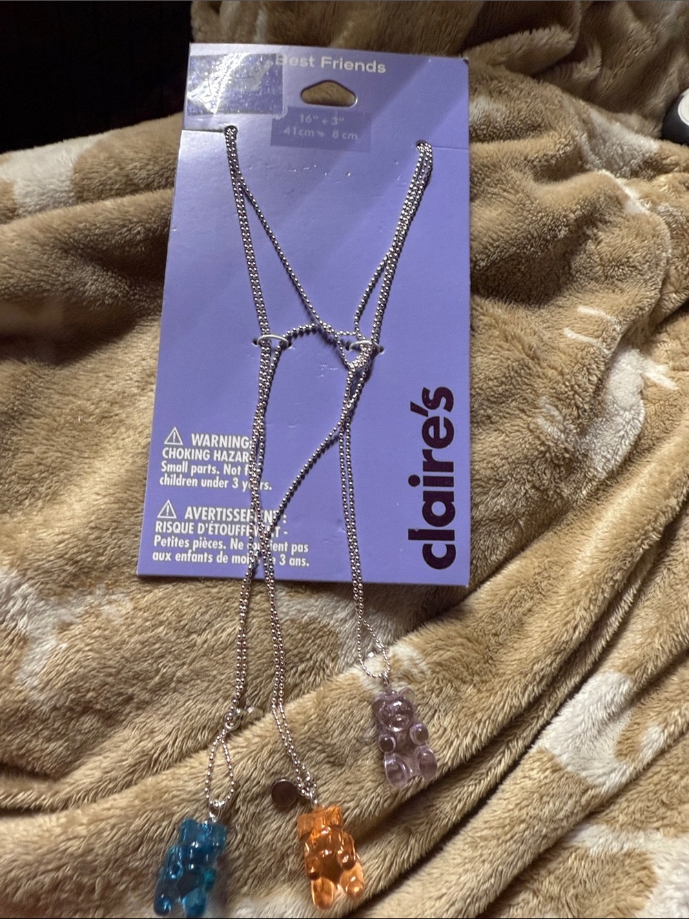 Claire's Silver Necklace with Blue, Orange and Purple Gummy Bear Charms
